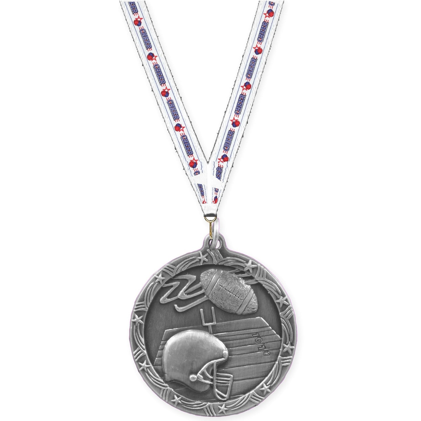 1 3/4 inch football Shooting Star medal in antique silver with Cheerleading neck ribbon