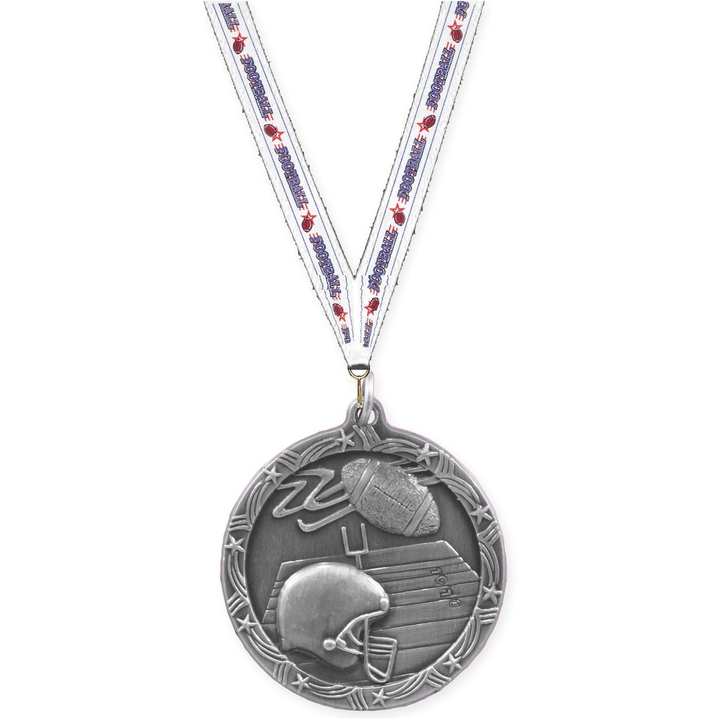1 3/4 inch football Shooting Star medal in antique silver with Football neck ribbon
