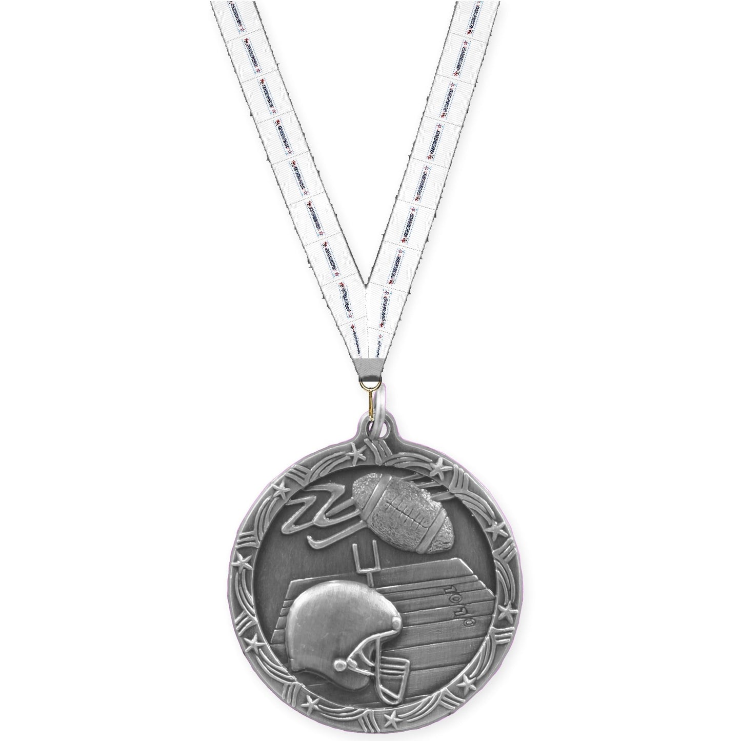 2 1/2 inch football Shooting Star medal in antique silver with Gymnastics neck ribbon