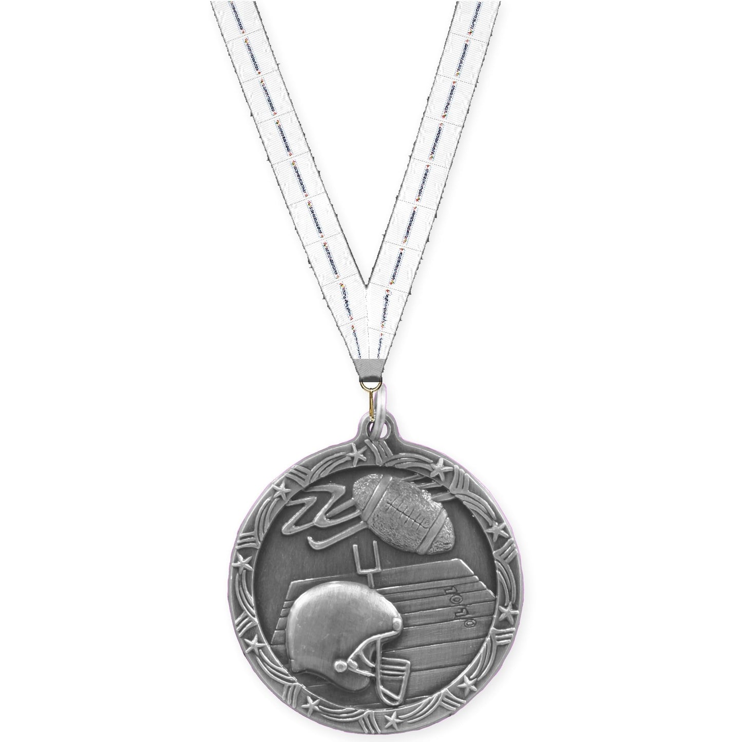 2 1/2 inch football Shooting Star medal in antique silver with Lamp Of Knowledge neck ribbon