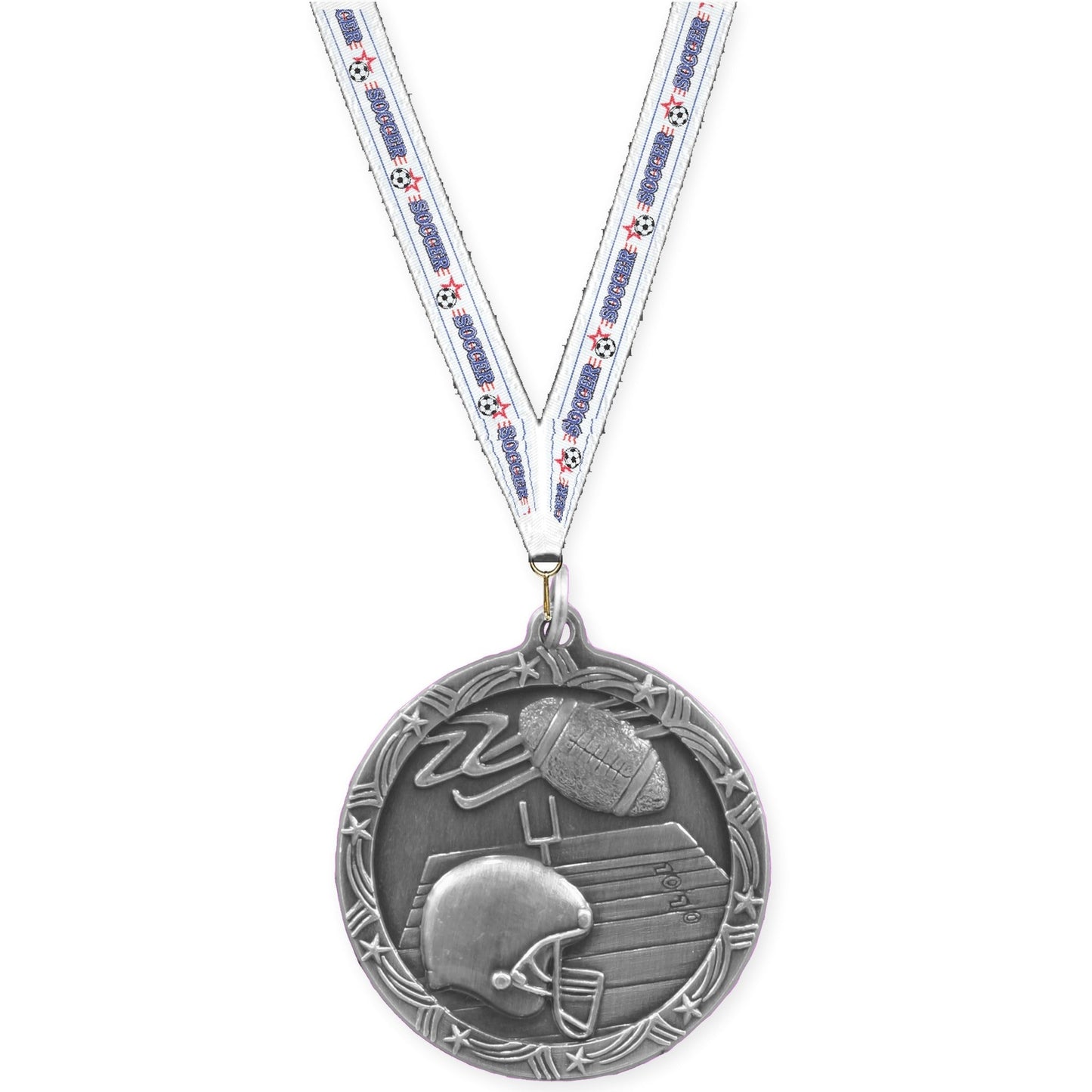 2 1/2 inch football Shooting Star medal in antique silver with Soccer neck ribbon