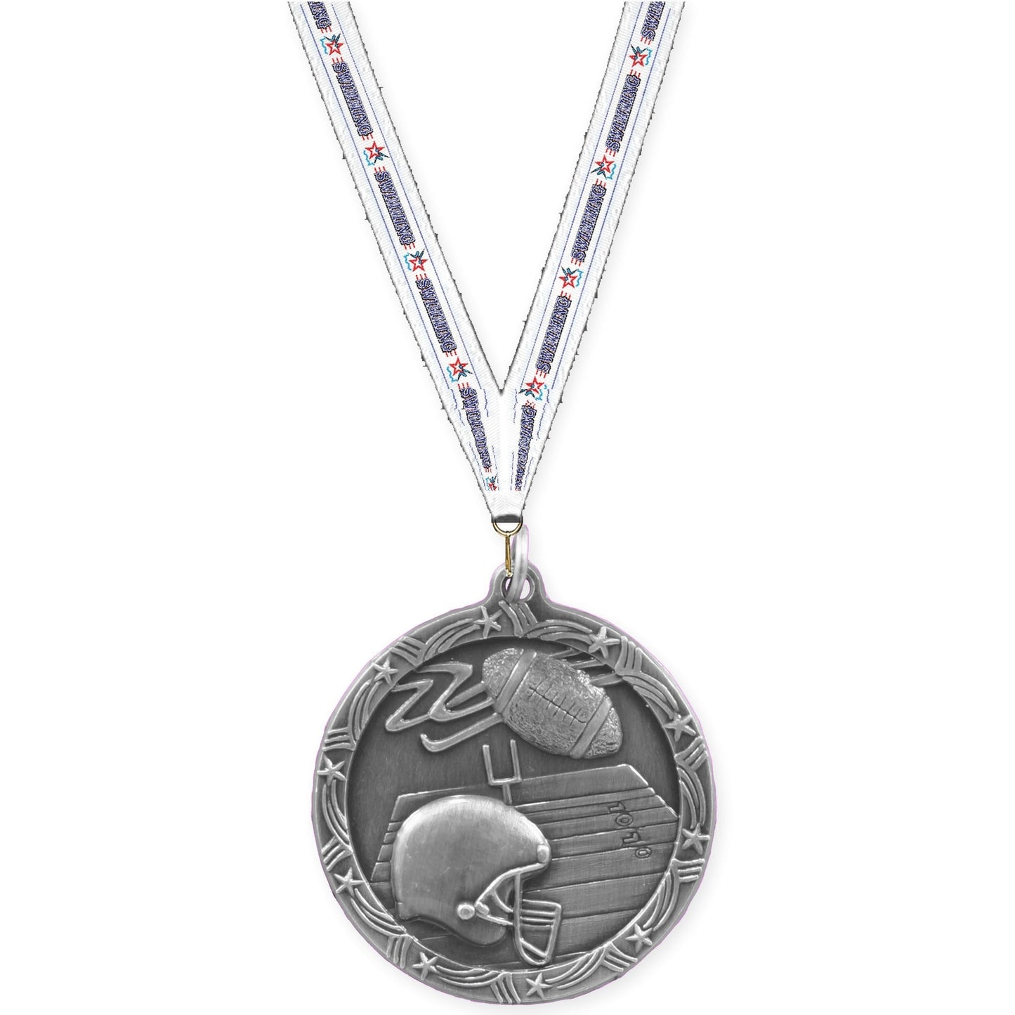 1 3/4 inch football Shooting Star medal in antique silver with Swimming neck ribbon
