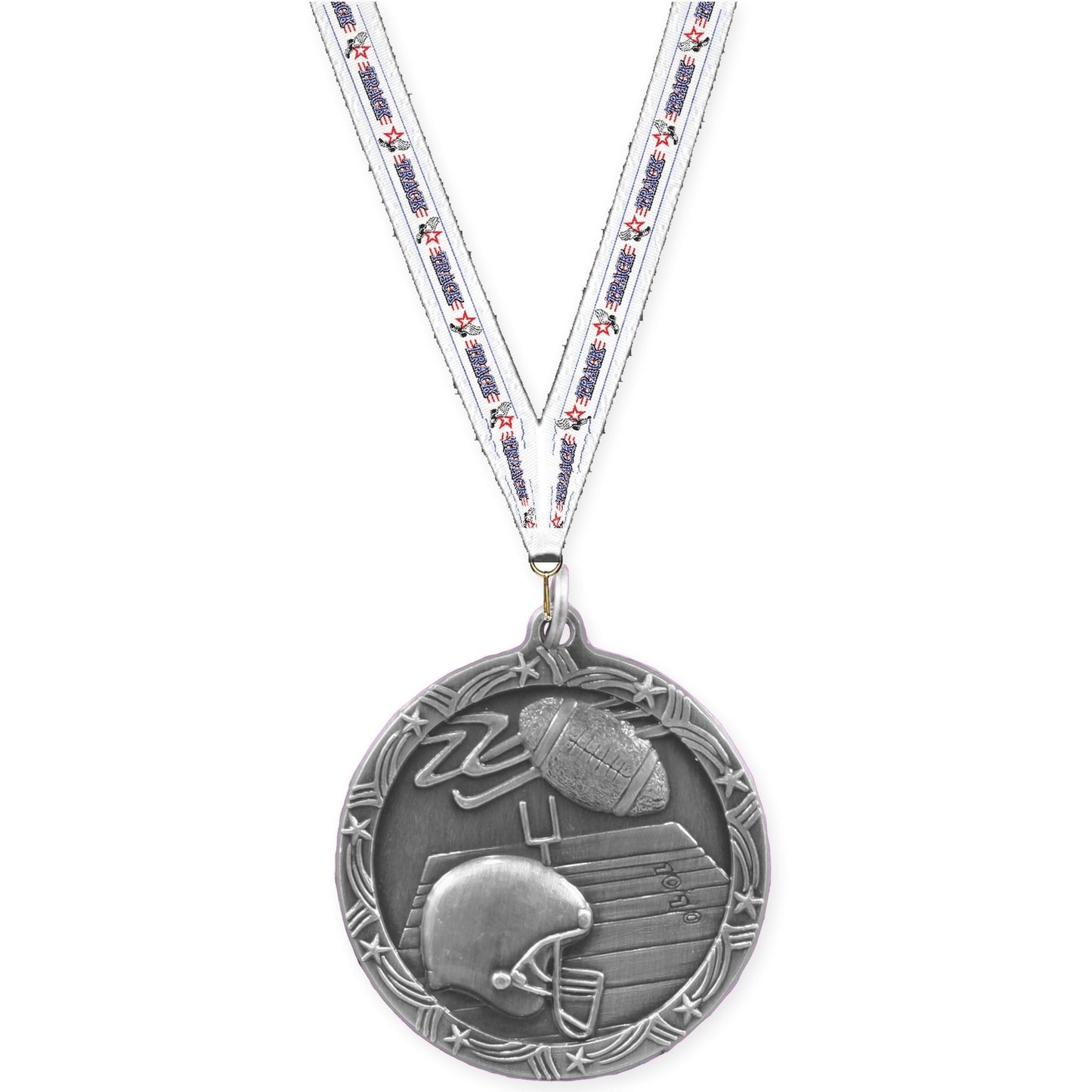1 3/4 inch football Shooting Star medal in antique silver with Track neck ribbon