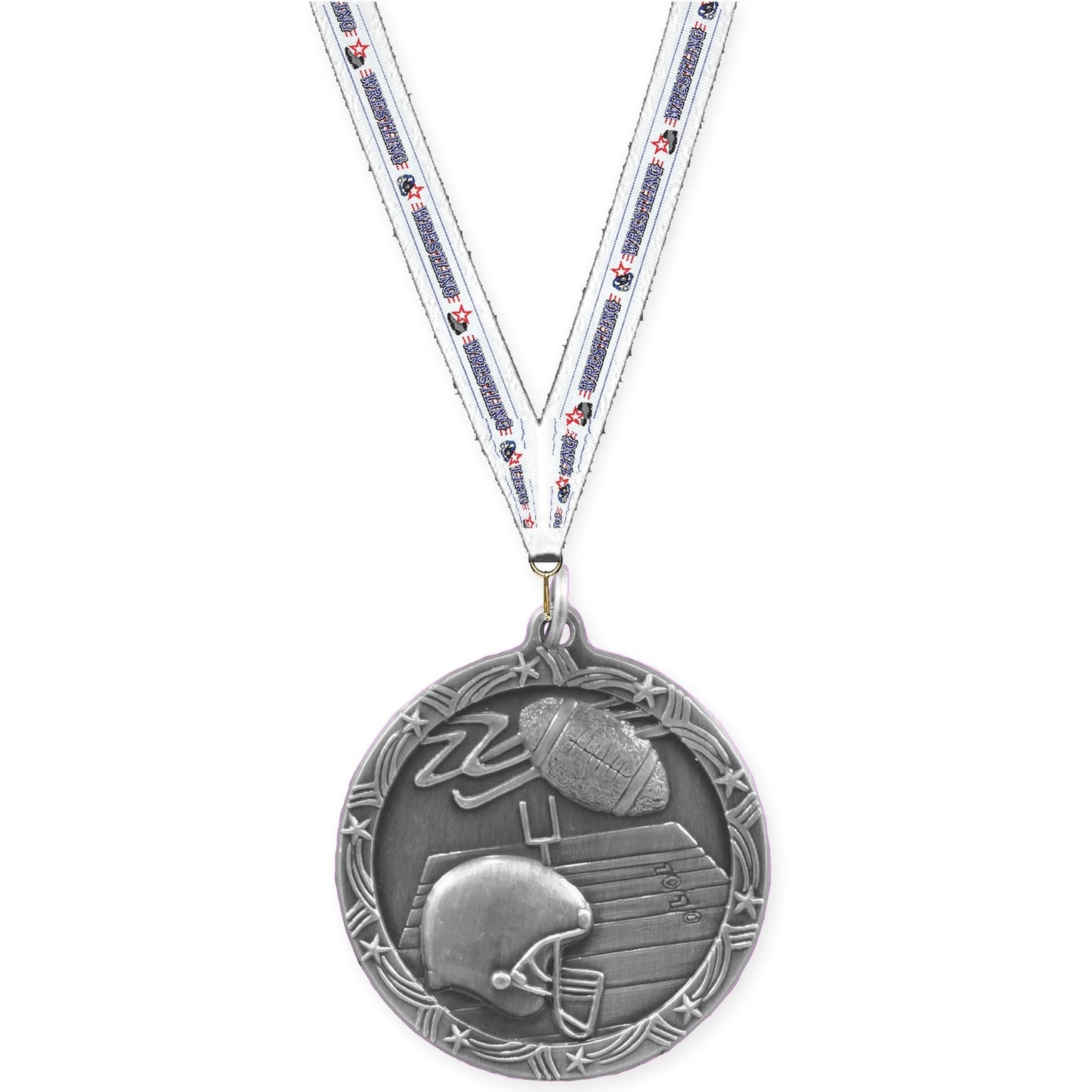 1 3/4 inch football Shooting Star medal in antique silver with Wrestling neck ribbon