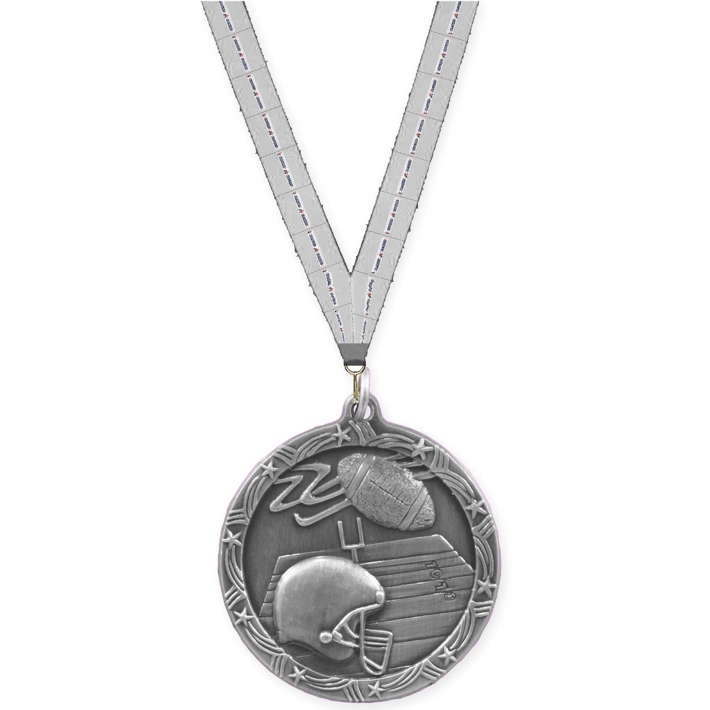 1 3/4 inch football Shooting Star medal in antique silver with Auto Racing neck ribbon