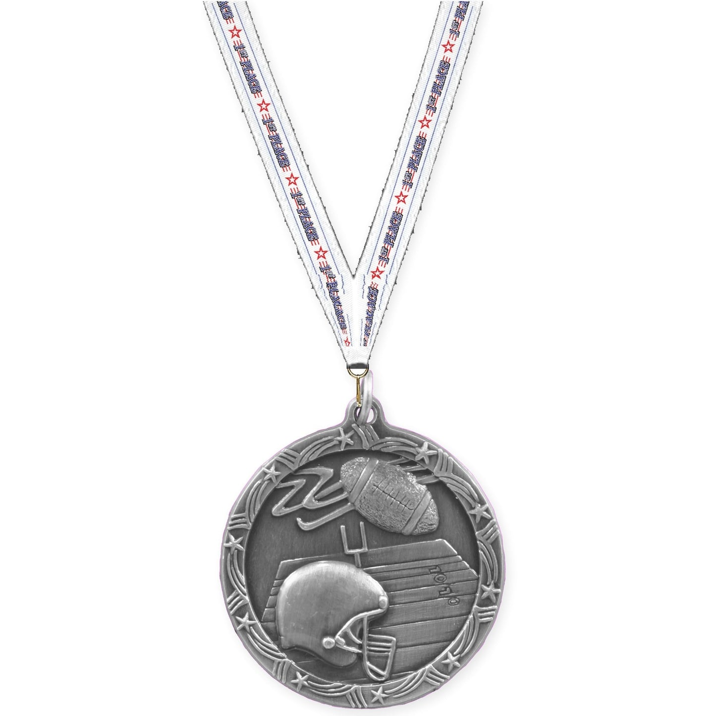 2 1/2 inch football Shooting Star medal in antique silver with 1st Place neck ribbon