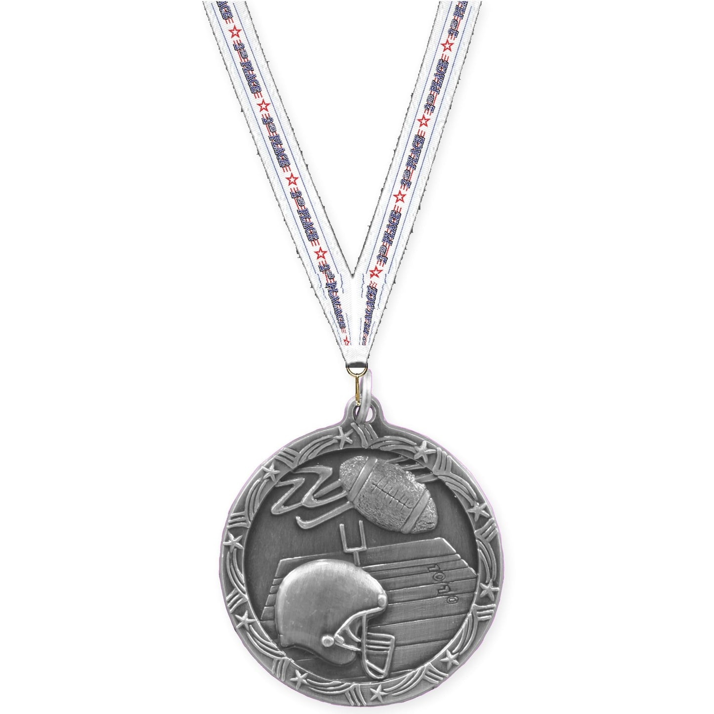 1 3/4 inch football Shooting Star medal in antique silver with 2nd Place neck ribbon