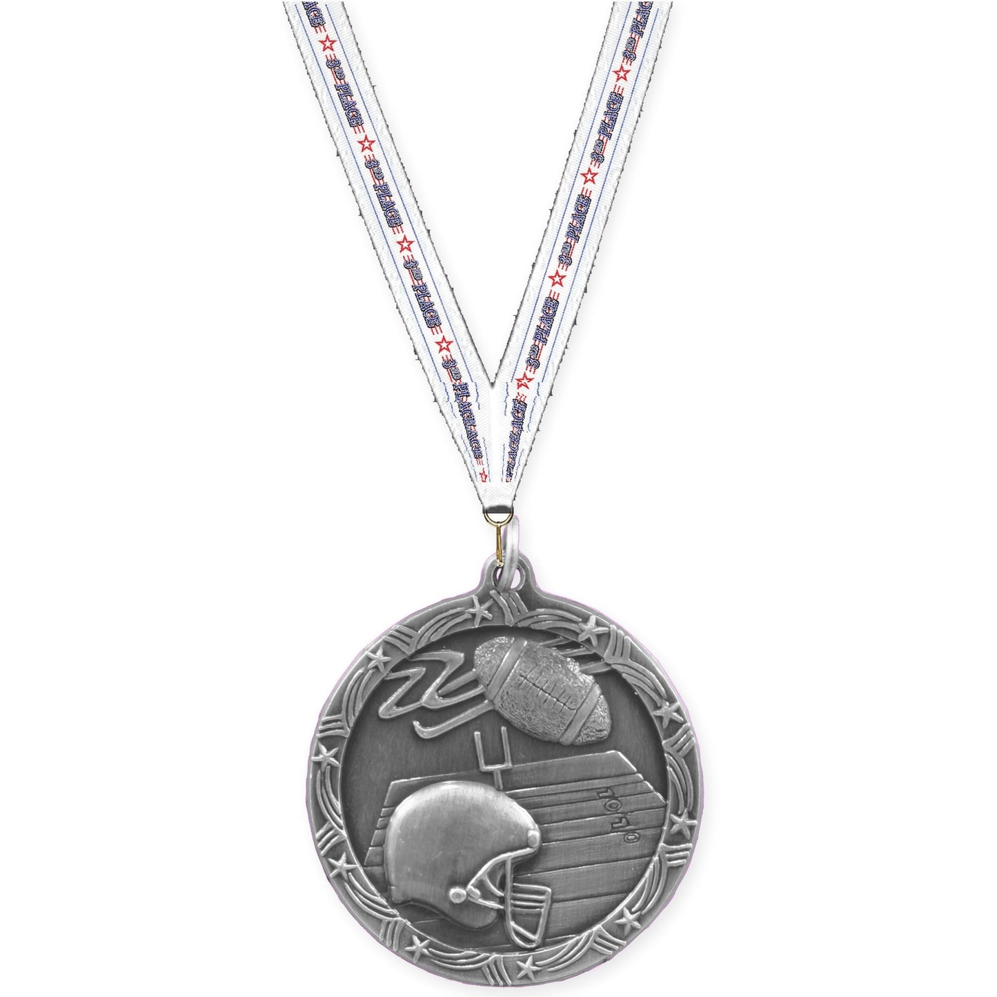 1 3/4 inch football Shooting Star medal in antique silver with 3rd Place neck ribbon