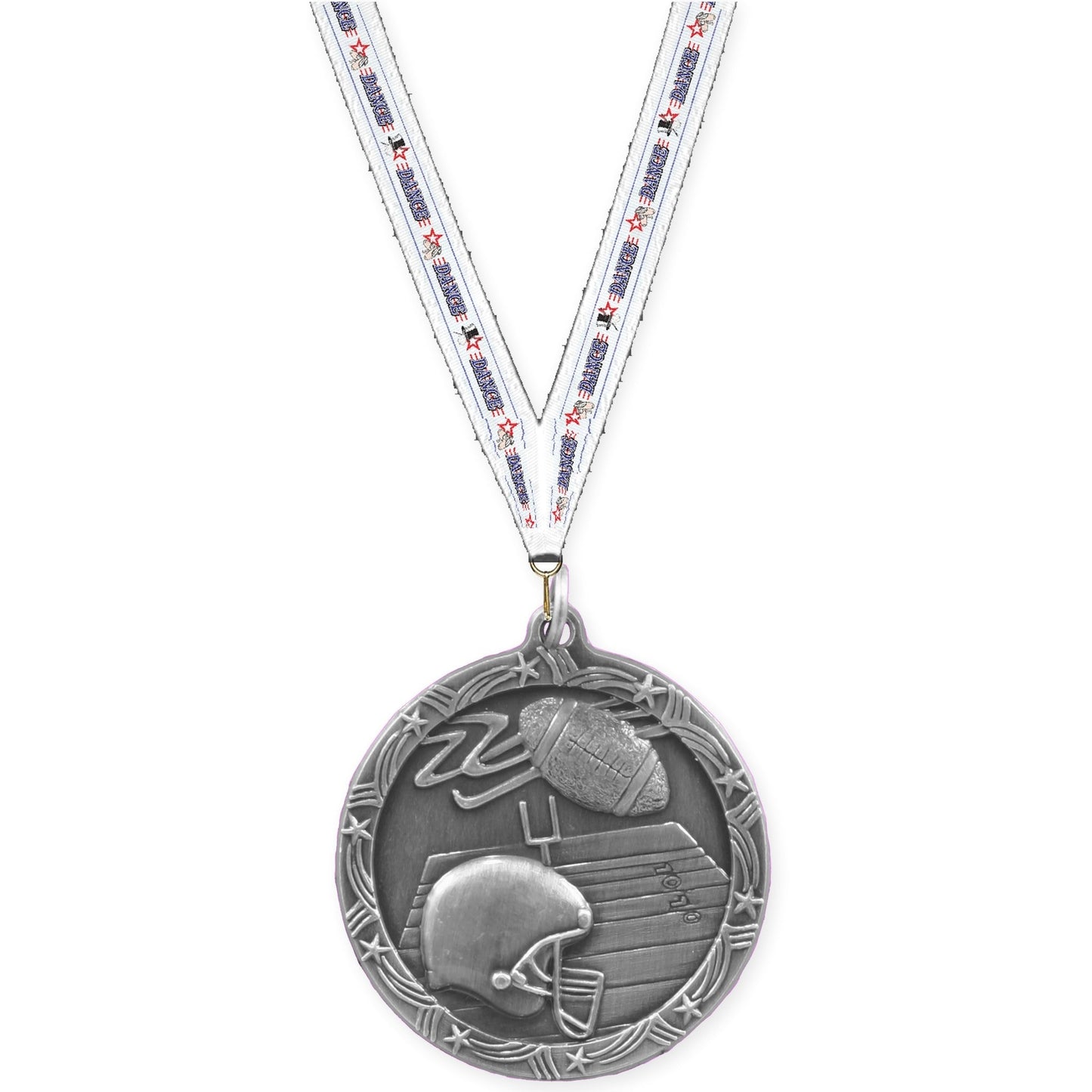 1 3/4 inch football Shooting Star medal in antique silver with Dance neck ribbon