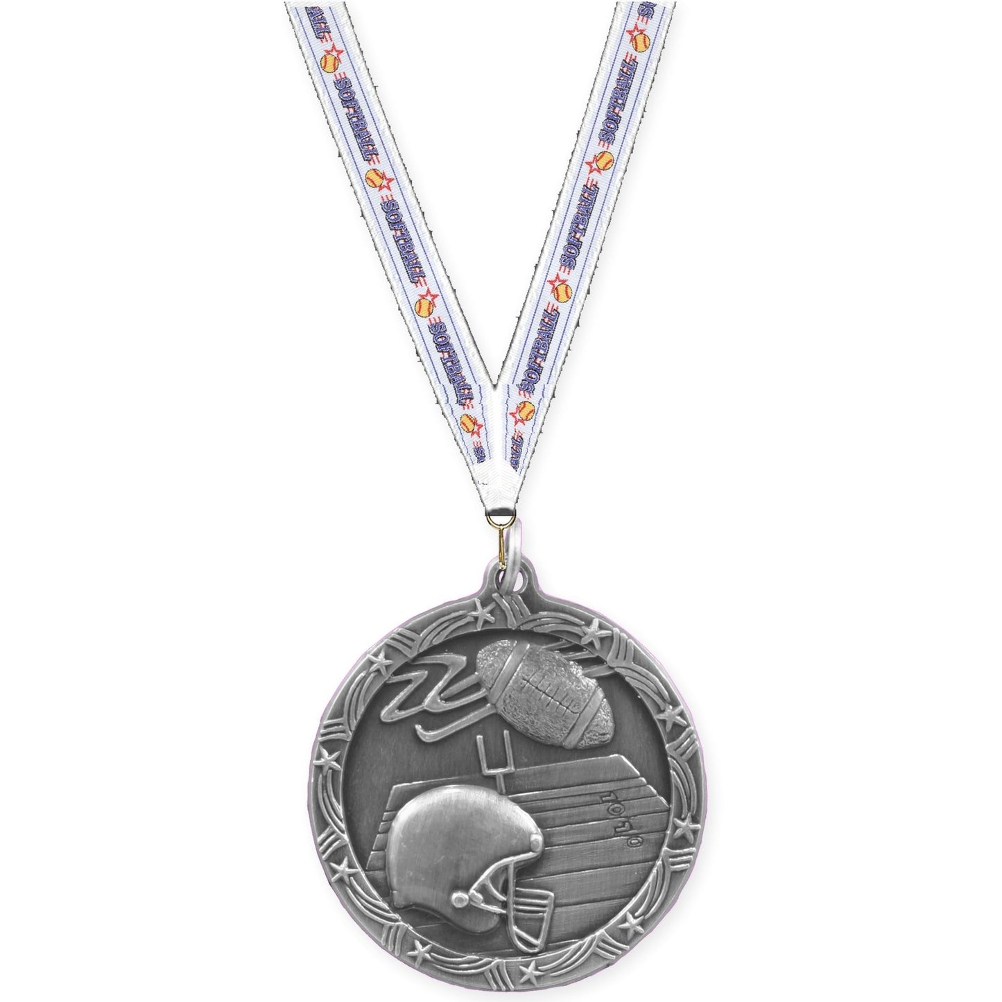 1 3/4 inch football Shooting Star medal in antique silver with Softball neck ribbon