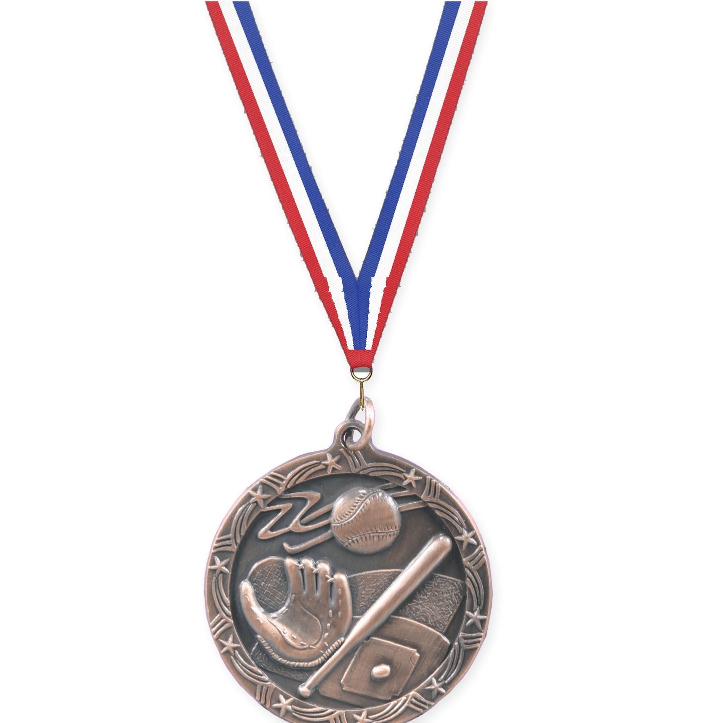 1 3/4 inch baseball and softball Shooting Star medal in antique bronze with Red White Blue neck ribbon