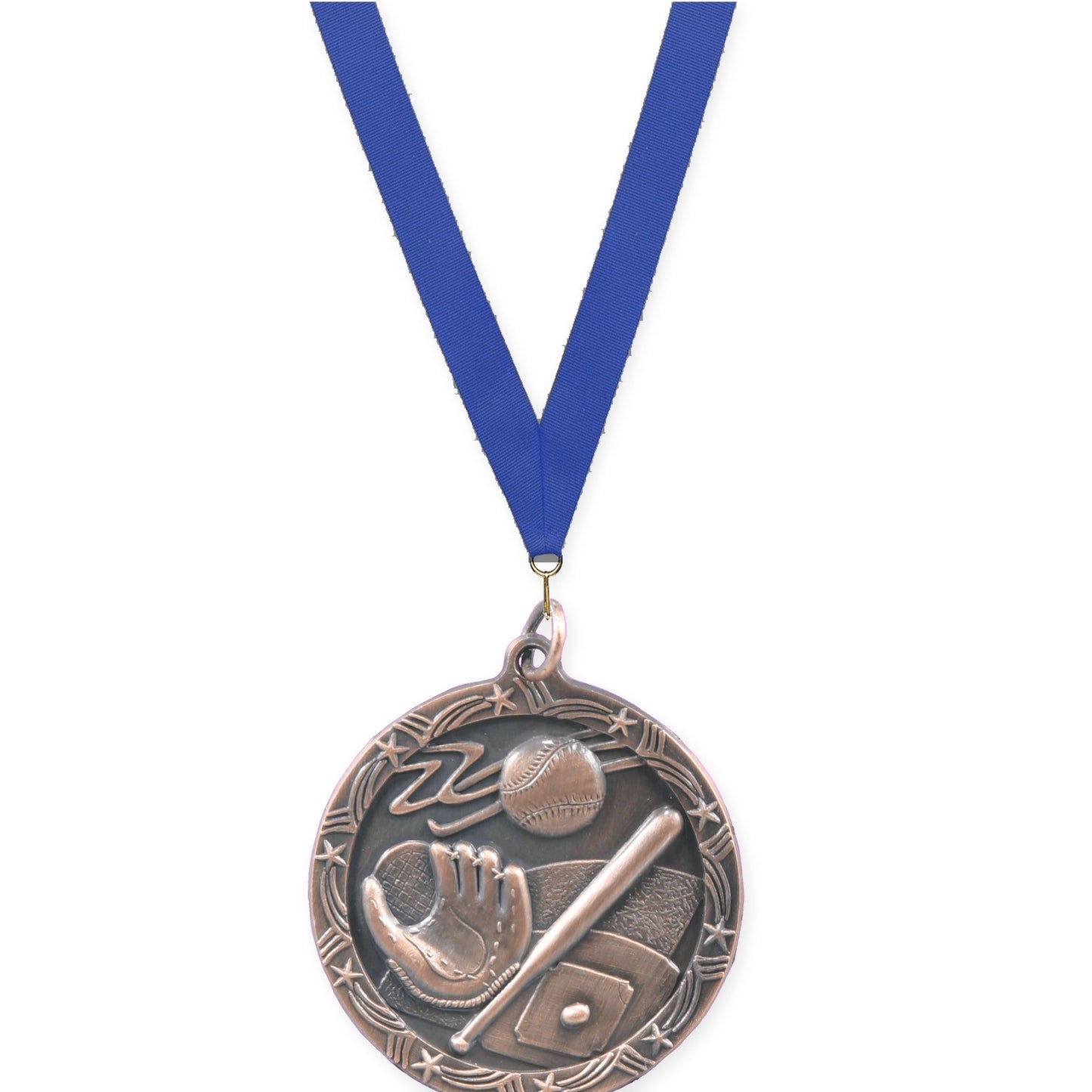 1 3/4 inch baseball and softball Shooting Star medal in antique bronze with Blue neck ribbon