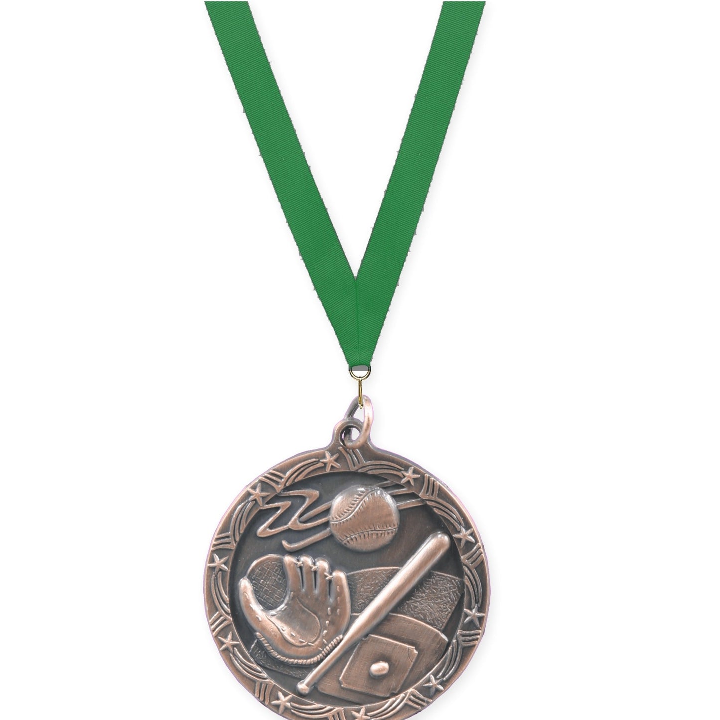 1 3/4 inch baseball and softball Shooting Star medal in antique bronze with Green neck ribbon