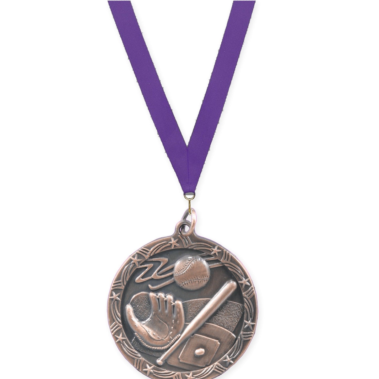 1 3/4 inch baseball and softball Shooting Star medal in antique bronze with Purple neck ribbon