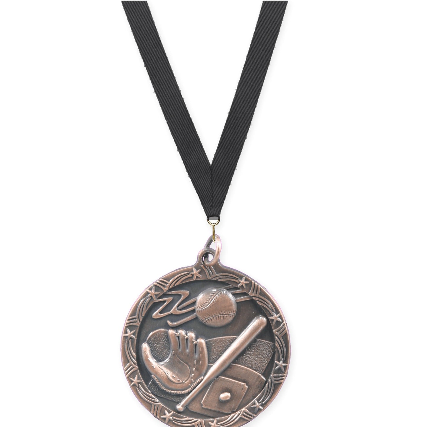 1 3/4 inch baseball and softball Shooting Star medal in antique bronze with Black neck ribbon