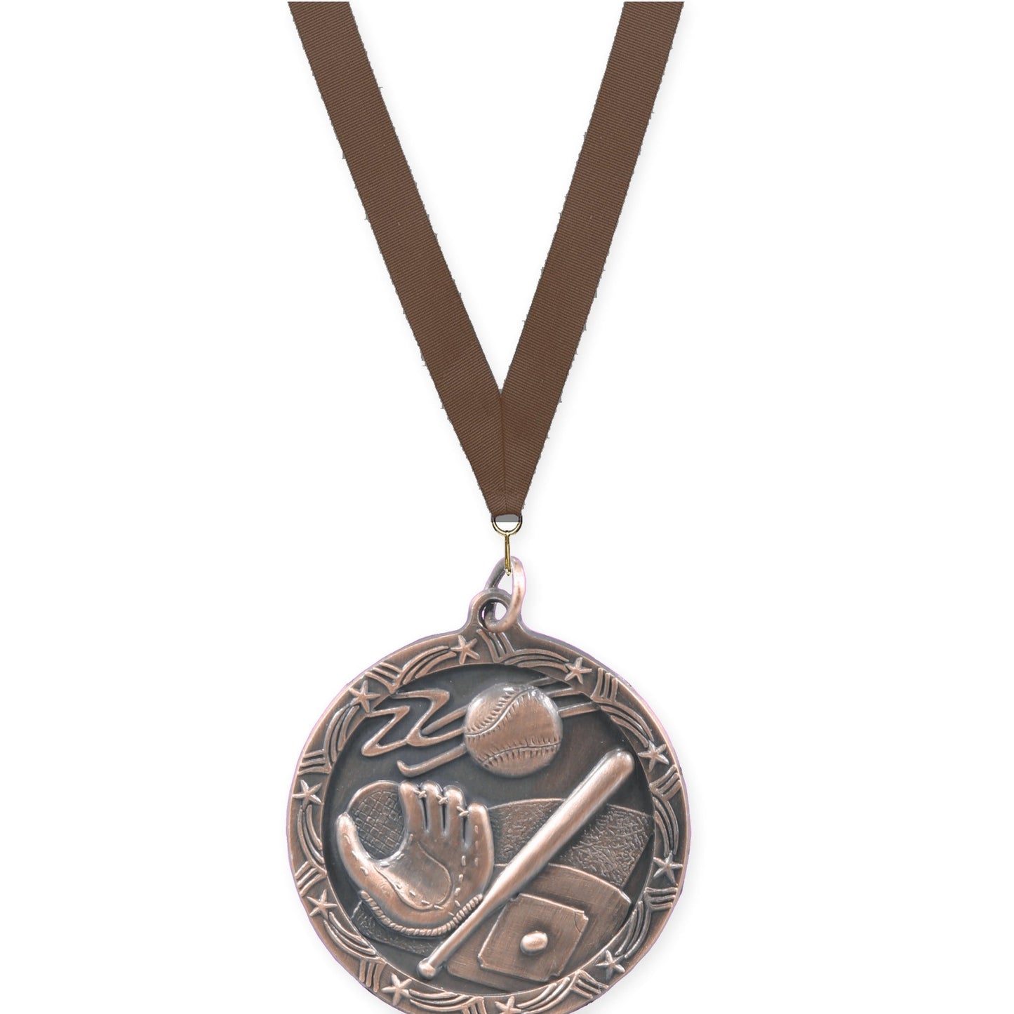 1 3/4 inch baseball and softball Shooting Star medal in antique bronze with Brown neck ribbon