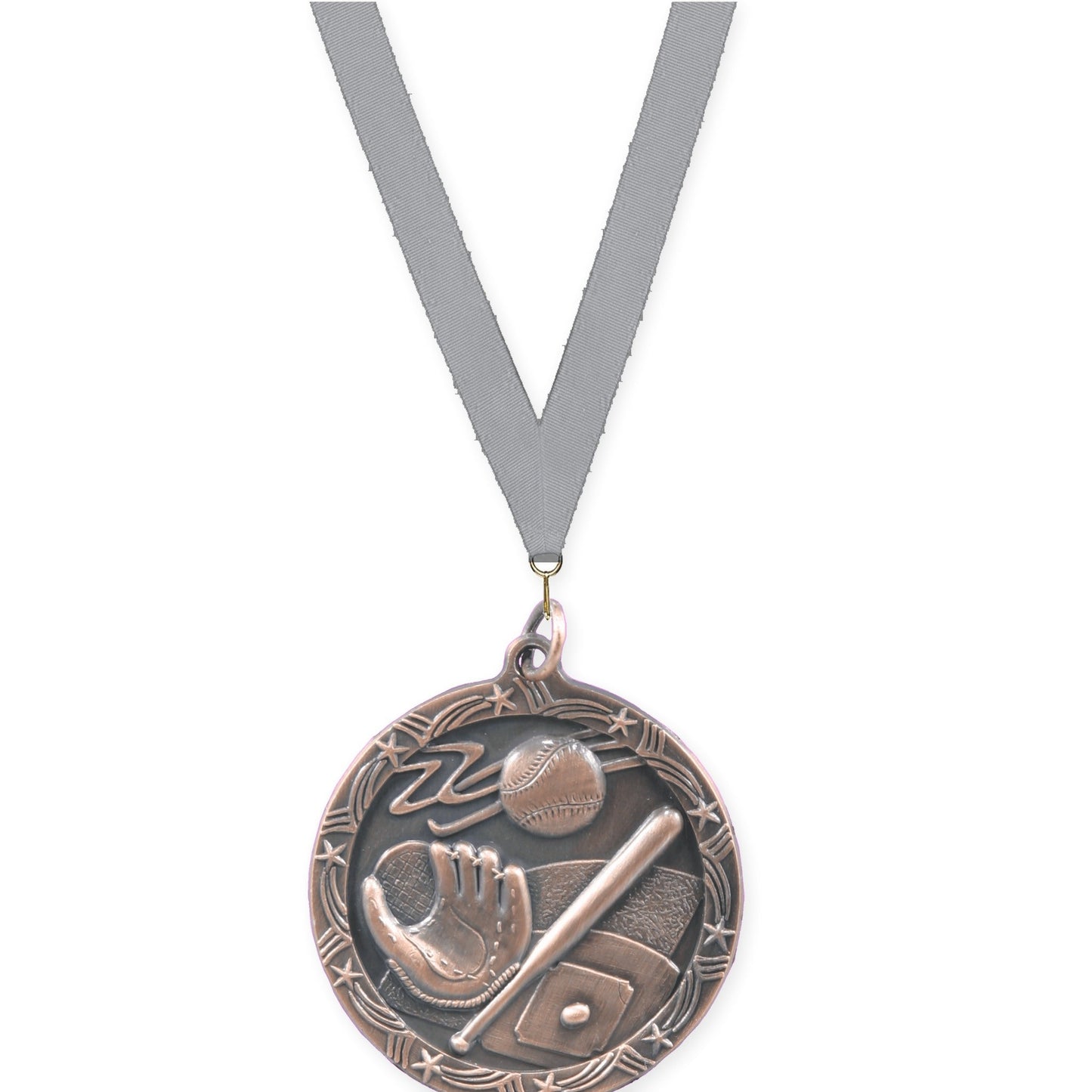 1 3/4 inch baseball and softball Shooting Star medal in antique bronze with Gray neck ribbon