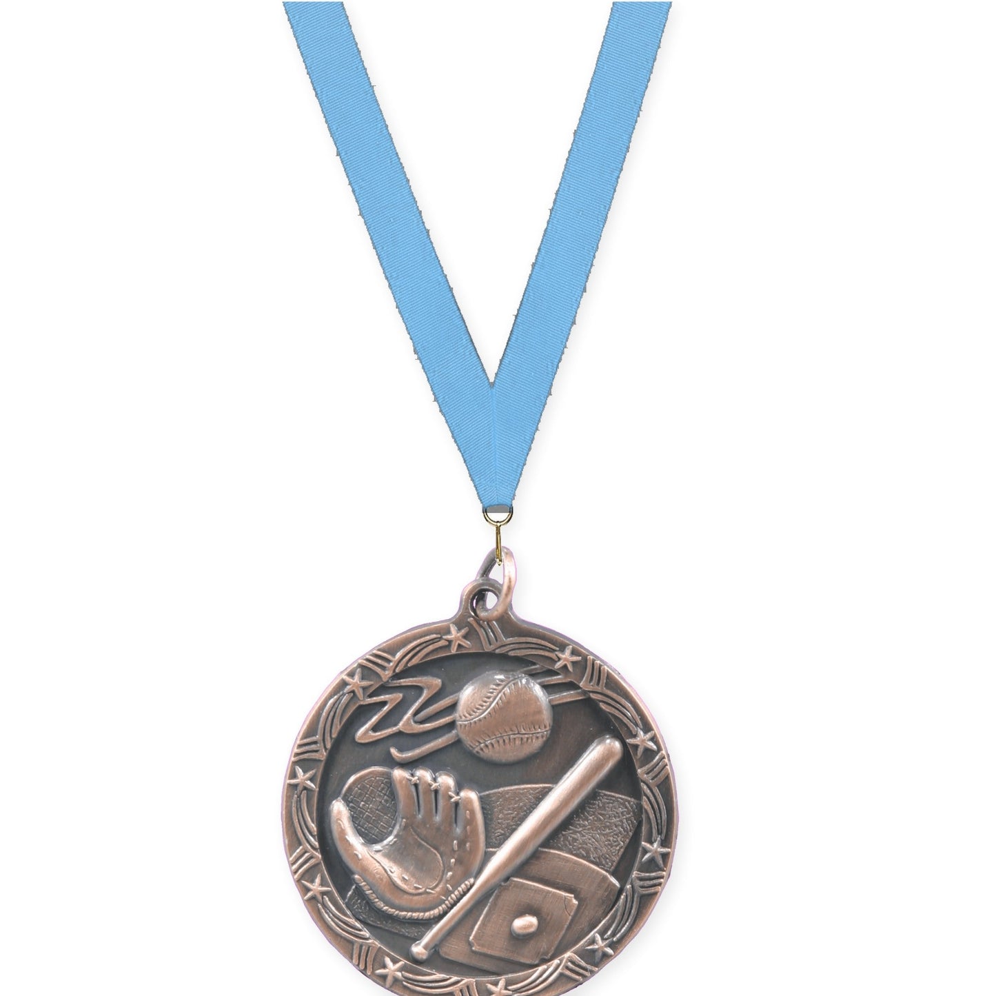 1 3/4 inch baseball and softball Shooting Star medal in antique bronze with Light Blue neck ribbon