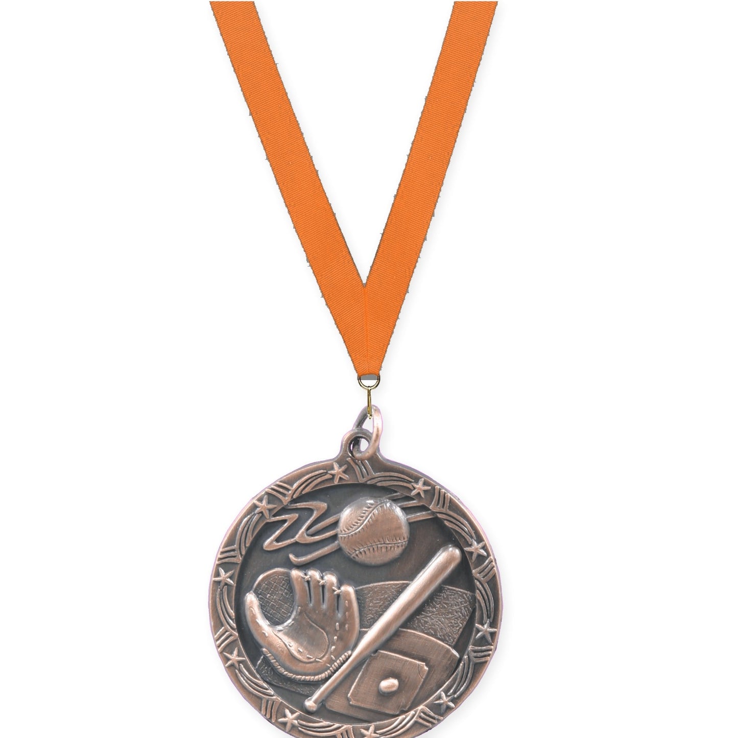 1 3/4 inch baseball and softball Shooting Star medal in antique bronze with Orange neck ribbon