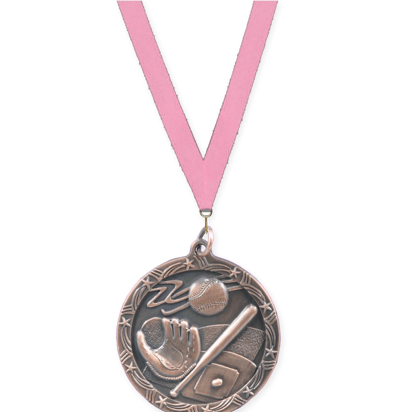 1 3/4 inch baseball and softball Shooting Star medal in antique bronze with Pink neck ribbon