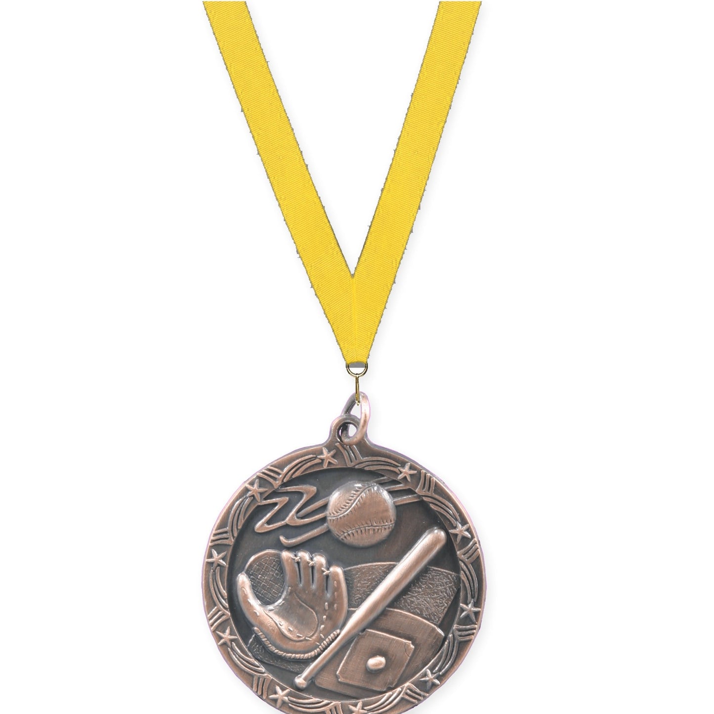 1 3/4 inch baseball and softball Shooting Star medal in antique bronze with Yellow neck ribbon