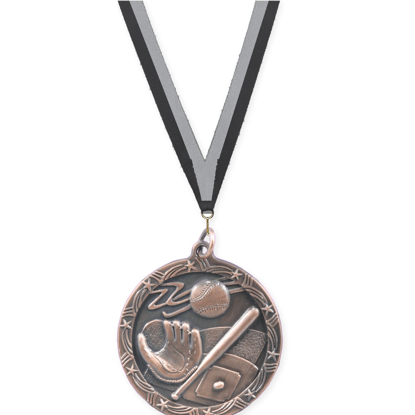 1 3/4 inch baseball and softball Shooting Star medal in antique bronze with Black Gray neck ribbon