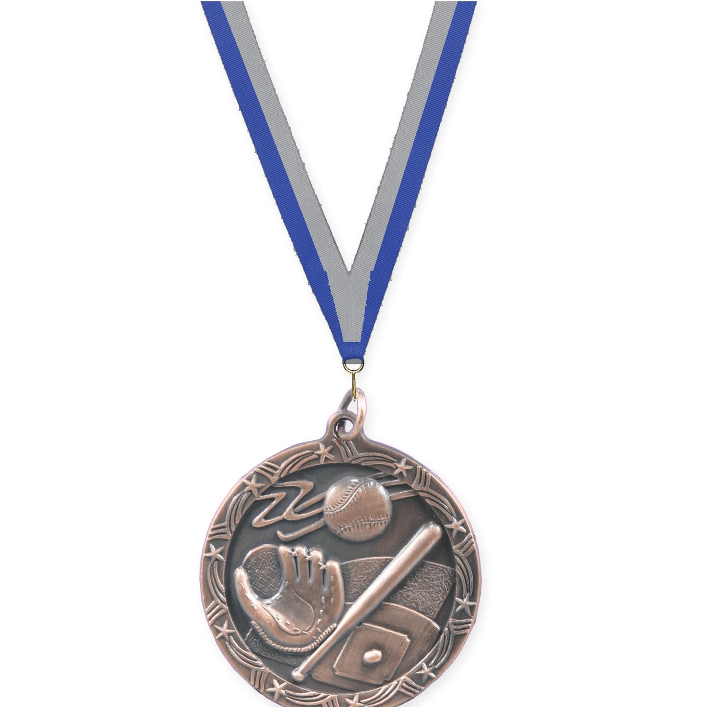 1 3/4 inch baseball and softball Shooting Star medal in antique bronze with Blue Gray neck ribbon