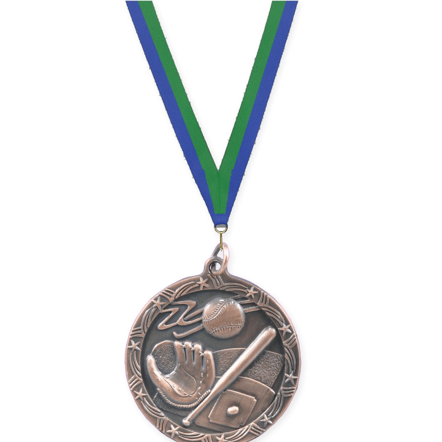 1 3/4 inch baseball and softball Shooting Star medal in antique bronze with Blue Green neck ribbon