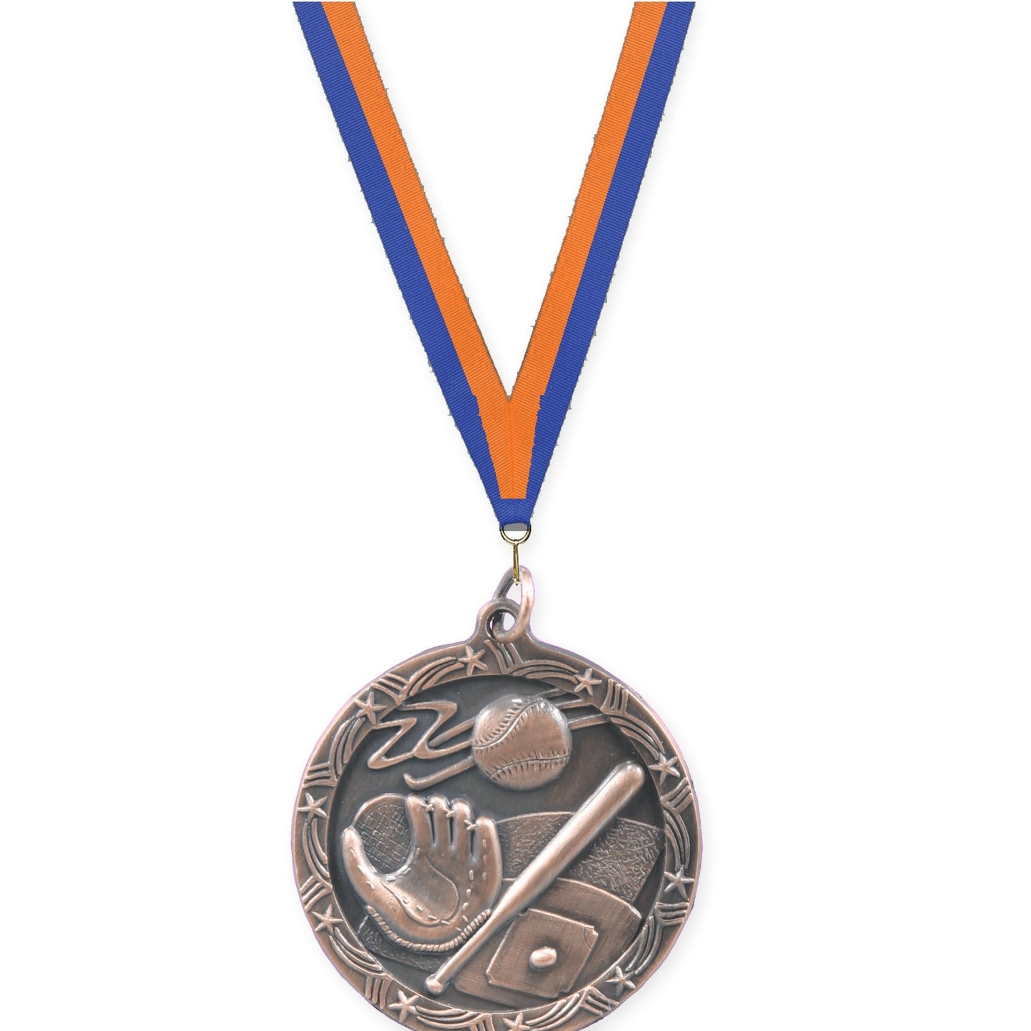 1 3/4 inch baseball and softball Shooting Star medal in antique bronze with Blue Orange neck ribbon