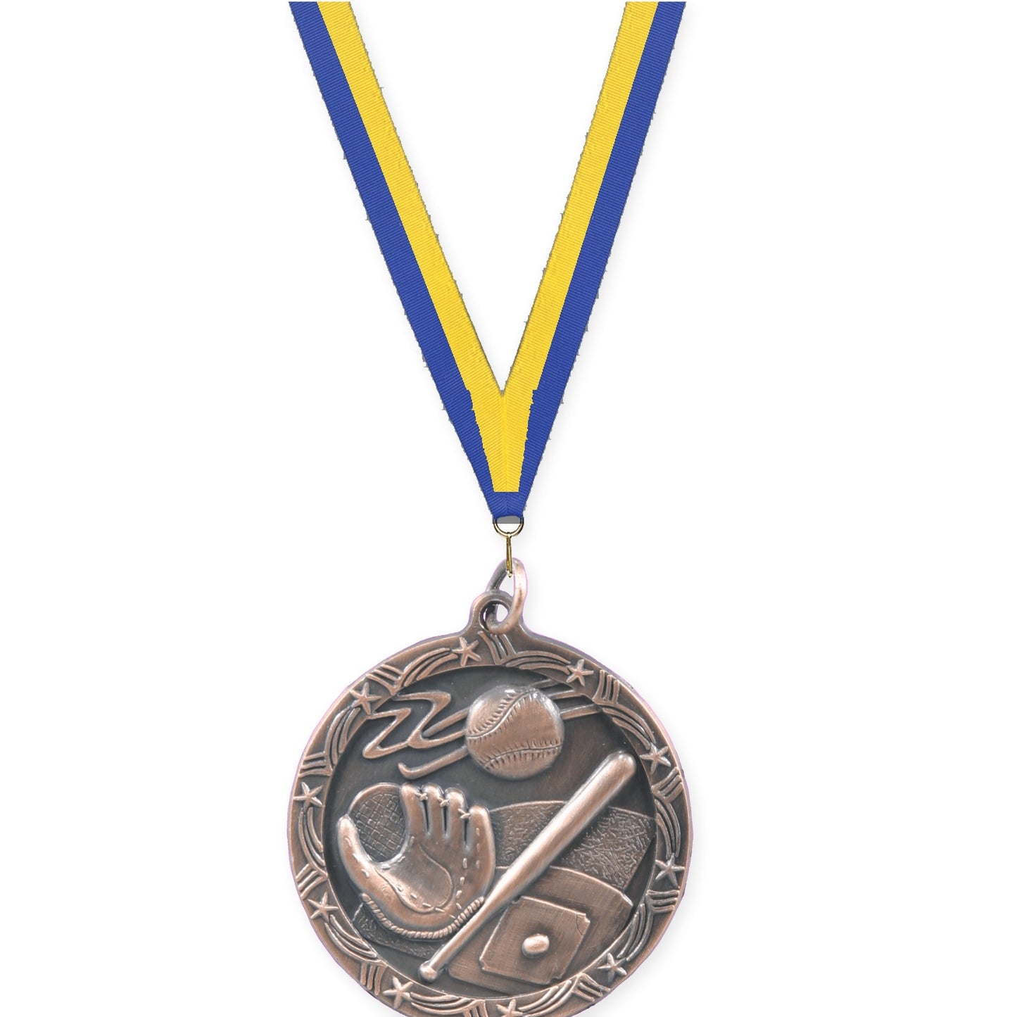 1 3/4 inch baseball and softball Shooting Star medal in antique bronze with Blue Yellow neck ribbon