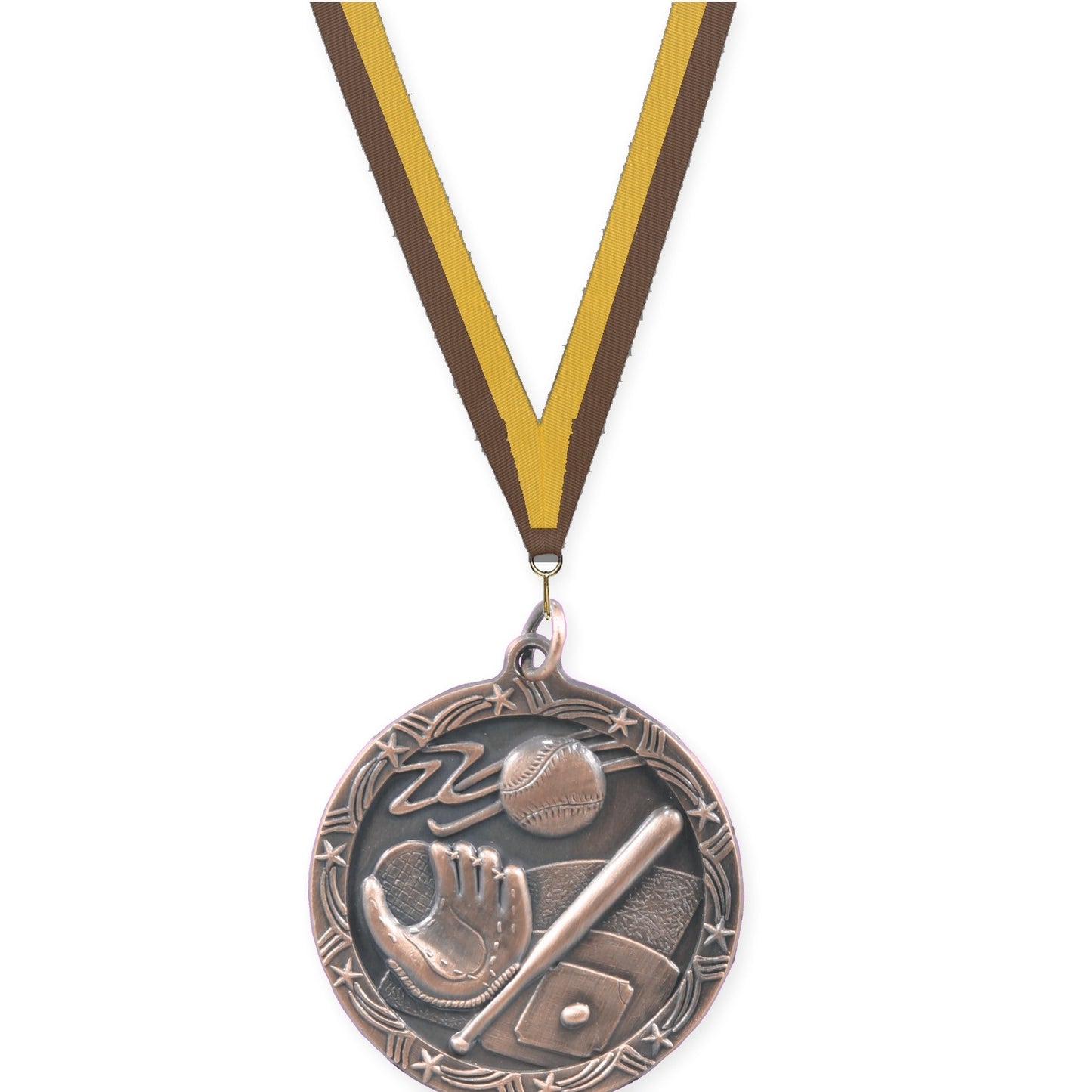 1 3/4 inch baseball and softball Shooting Star medal in antique bronze with Brown Gold neck ribbon