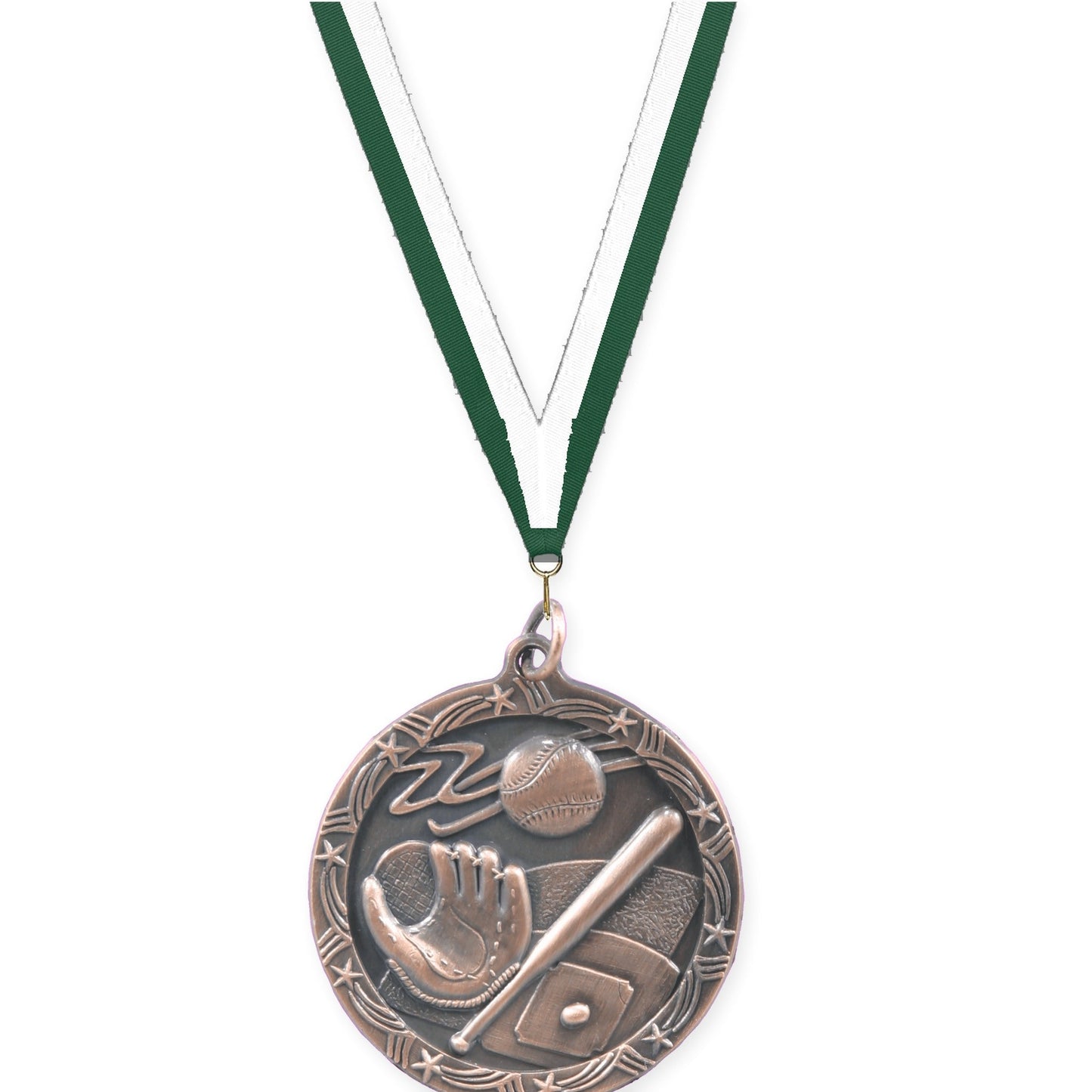 1 3/4 inch baseball and softball Shooting Star medal in antique bronze with Hunter Green White neck ribbon