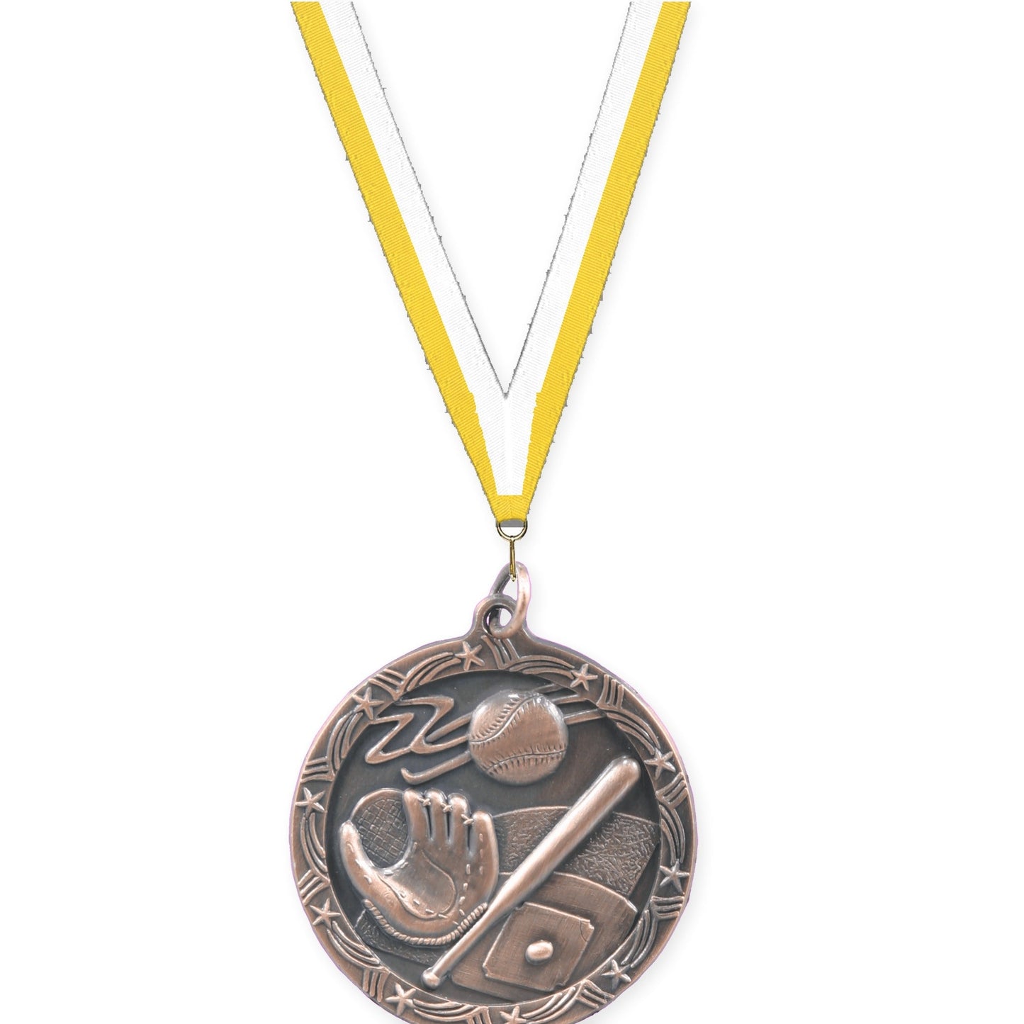 1 3/4 inch baseball and softball Shooting Star medal in antique bronze with Yellow White neck ribbon