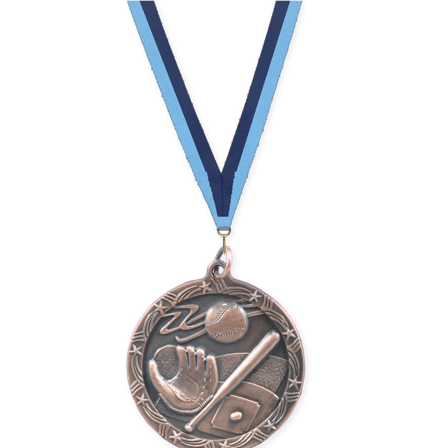 1 3/4 inch baseball and softball Shooting Star medal in antique bronze with Light Blue Navy neck ribbon