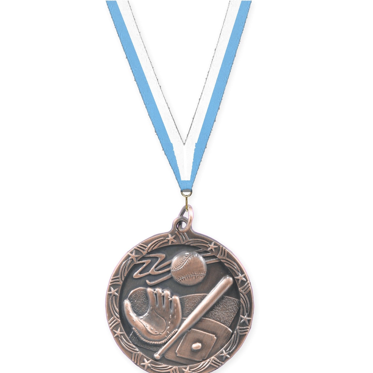 1 3/4 inch baseball and softball Shooting Star medal in antique bronze with Light Blue White neck ribbon