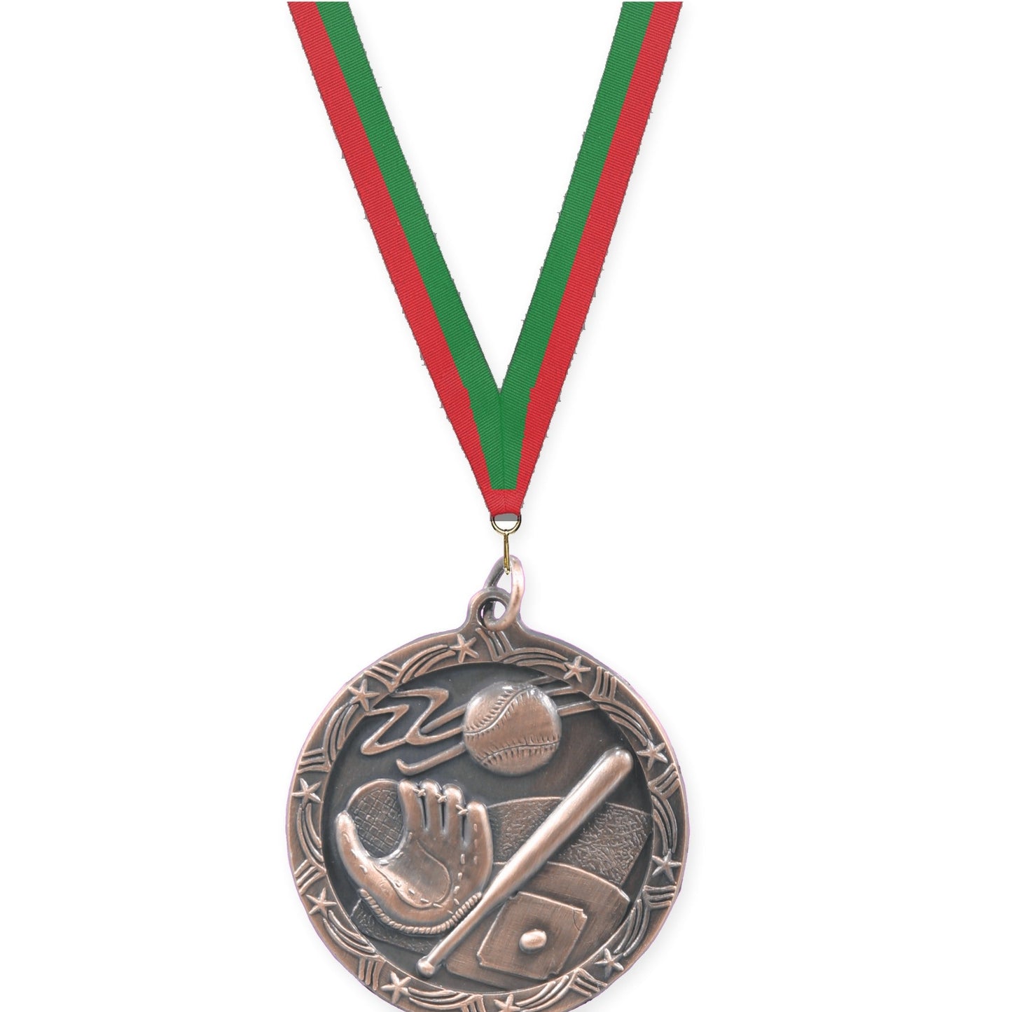 1 3/4 inch baseball and softball Shooting Star medal in antique bronze with Red Green neck ribbon