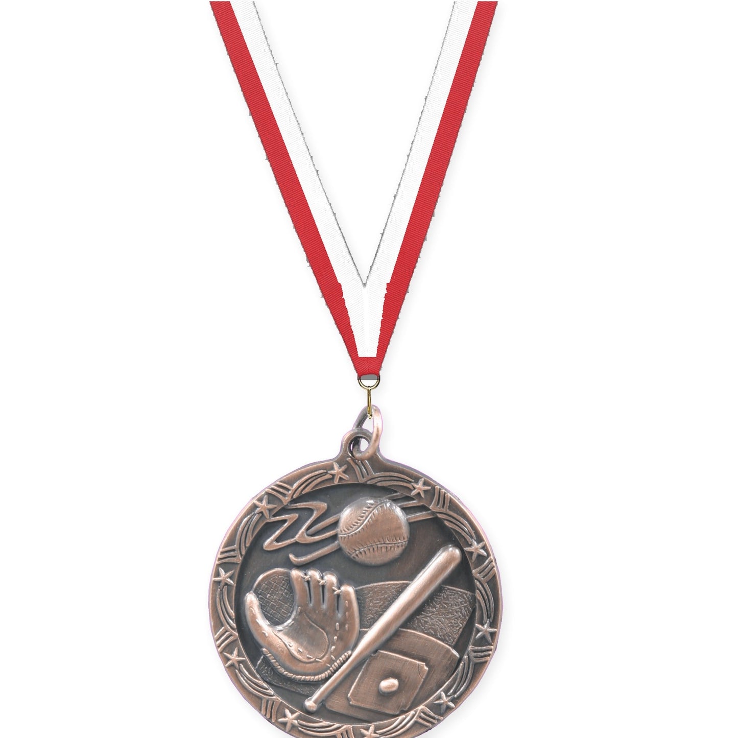 1 3/4 inch baseball and softball Shooting Star medal in antique bronze with Red White neck ribbon