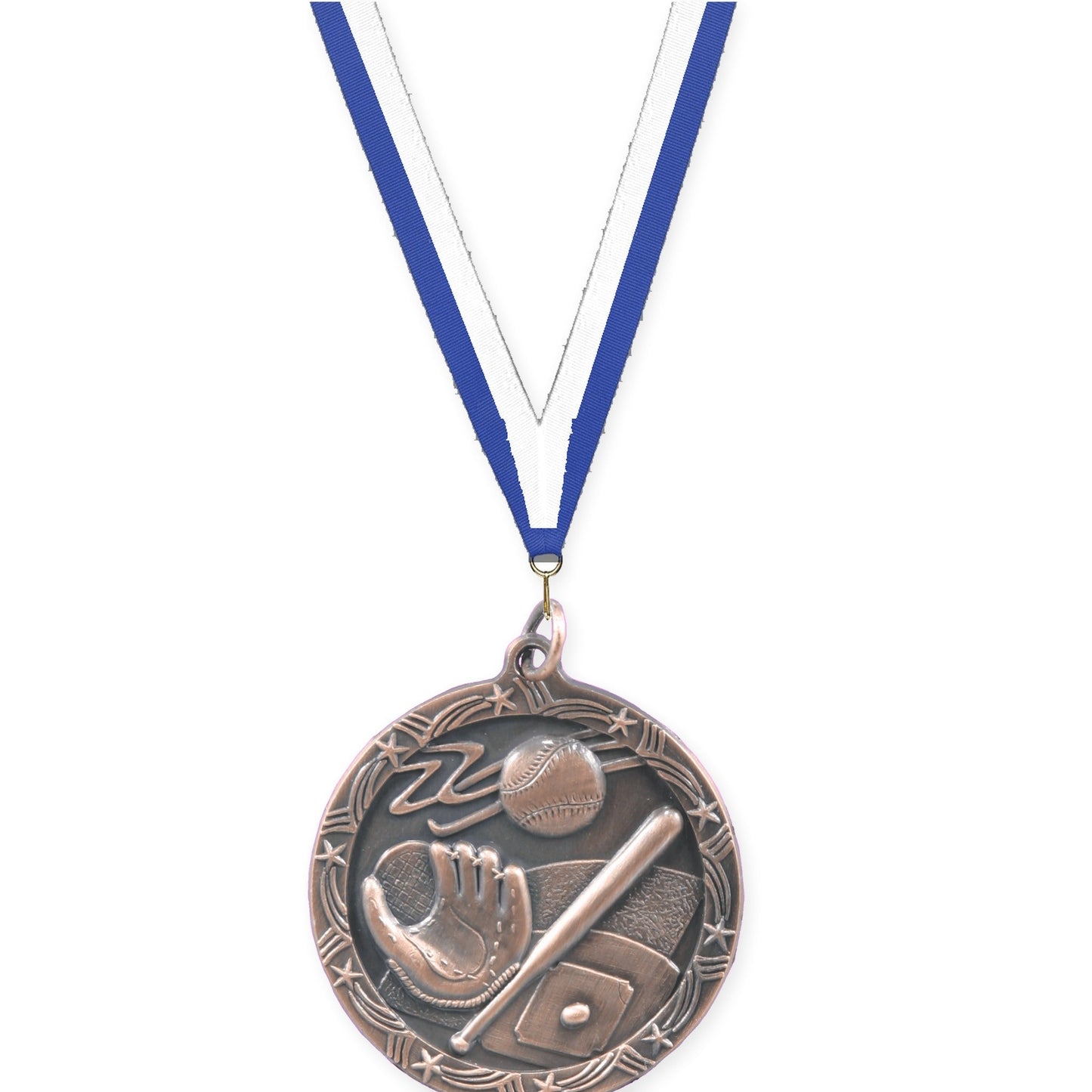 1 3/4 inch baseball and softball Shooting Star medal in antique bronze with Blue White neck ribbon