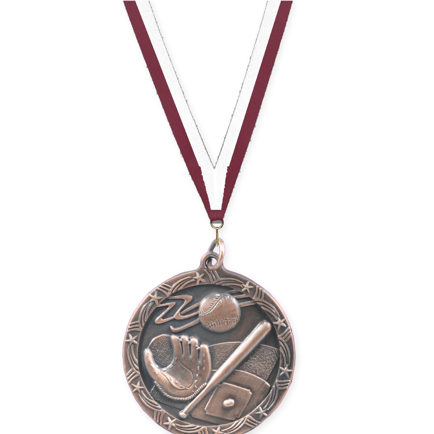 1 3/4 inch baseball and softball Shooting Star medal in antique bronze with Maroon White neck ribbon