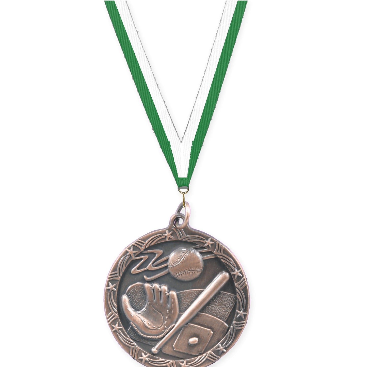 1 3/4 inch baseball and softball Shooting Star medal in antique bronze with Green White neck ribbon