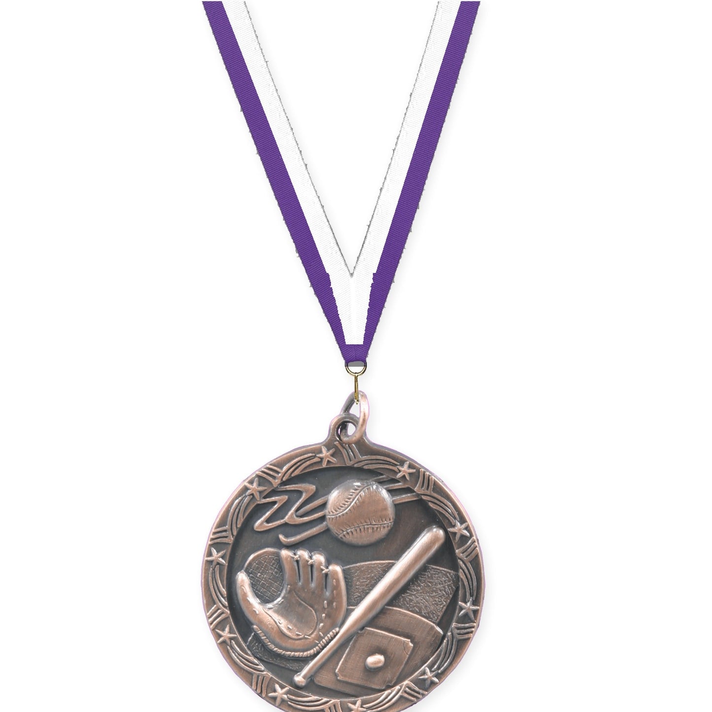 1 3/4 inch baseball and softball Shooting Star medal in antique bronze with Purple White neck ribbon
