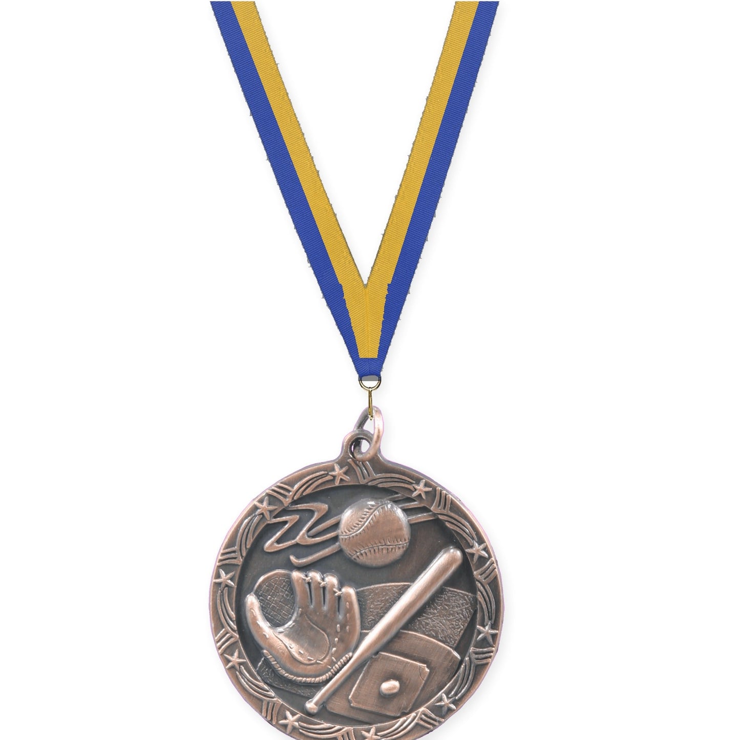 1 3/4 inch baseball and softball Shooting Star medal in antique bronze with Blue Gold neck ribbon