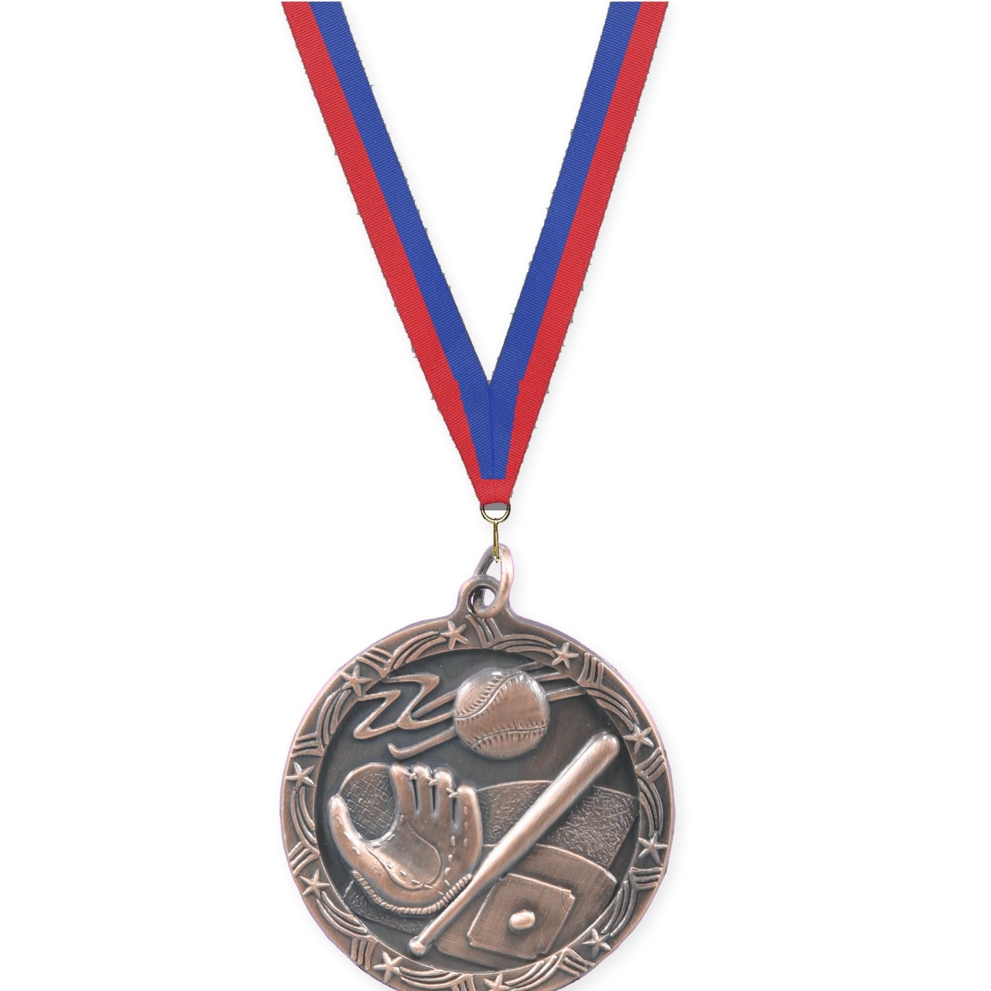 1 3/4 inch baseball and softball Shooting Star medal in antique bronze with Blue Red neck ribbon