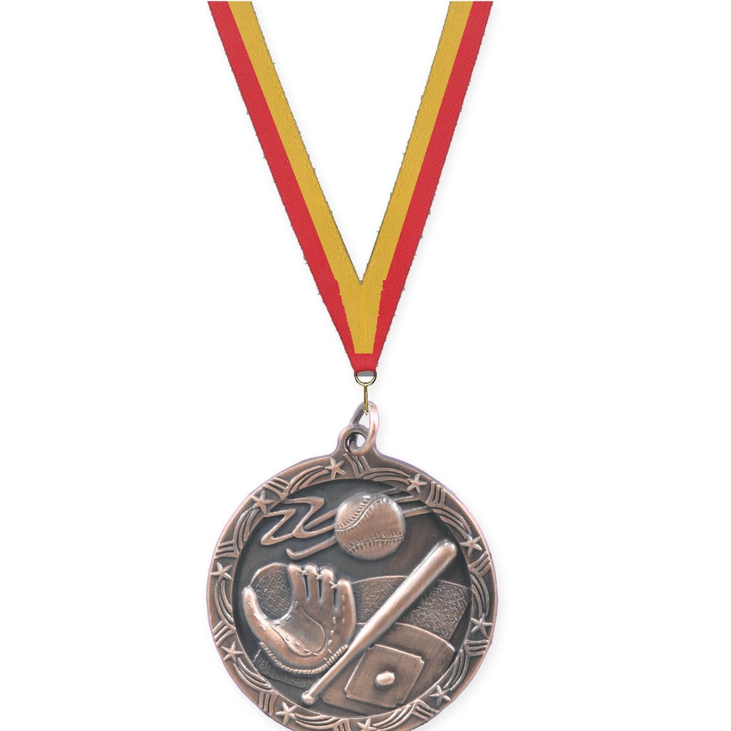 1 3/4 inch baseball and softball Shooting Star medal in antique bronze with Red Gold neck ribbon