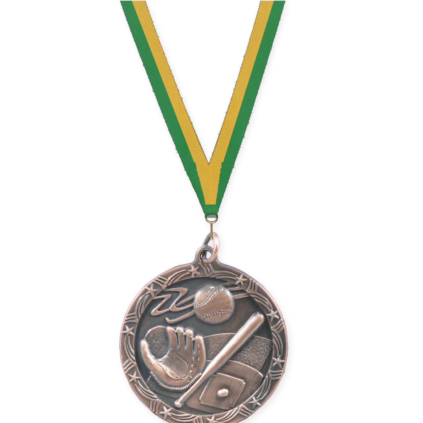 1 3/4 inch baseball and softball Shooting Star medal in antique bronze with Green Gold neck ribbon