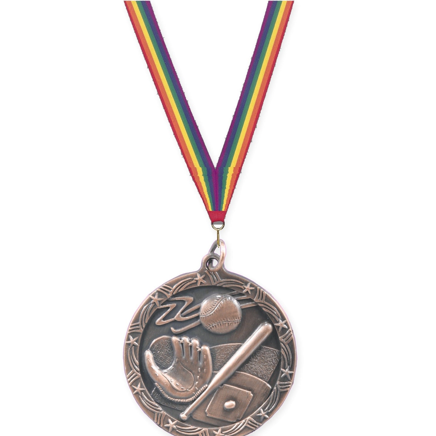 1 3/4 inch baseball and softball Shooting Star medal in antique bronze with Rainbow neck ribbon