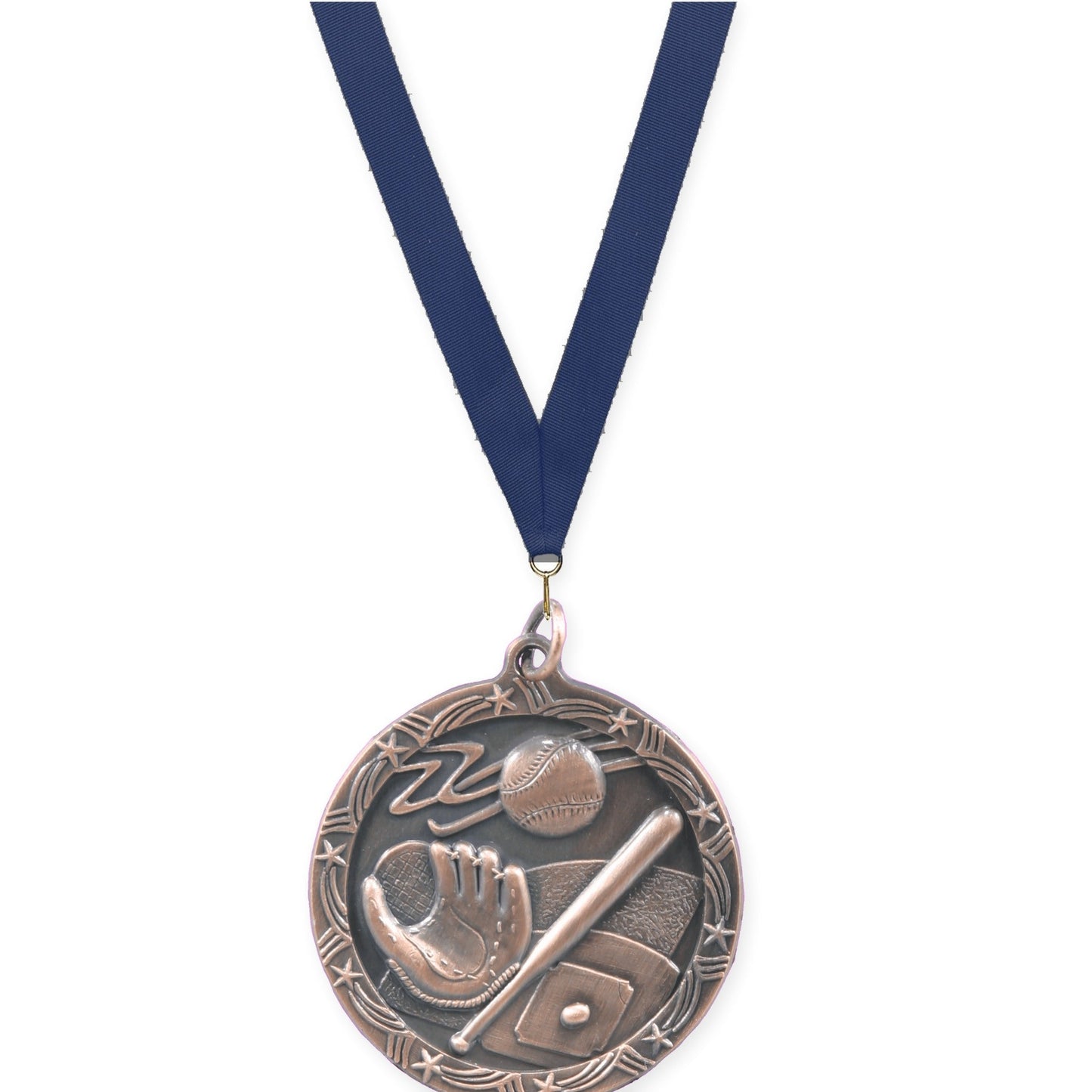 1 3/4 inch baseball and softball Shooting Star medal in antique bronze with Navy neck ribbon