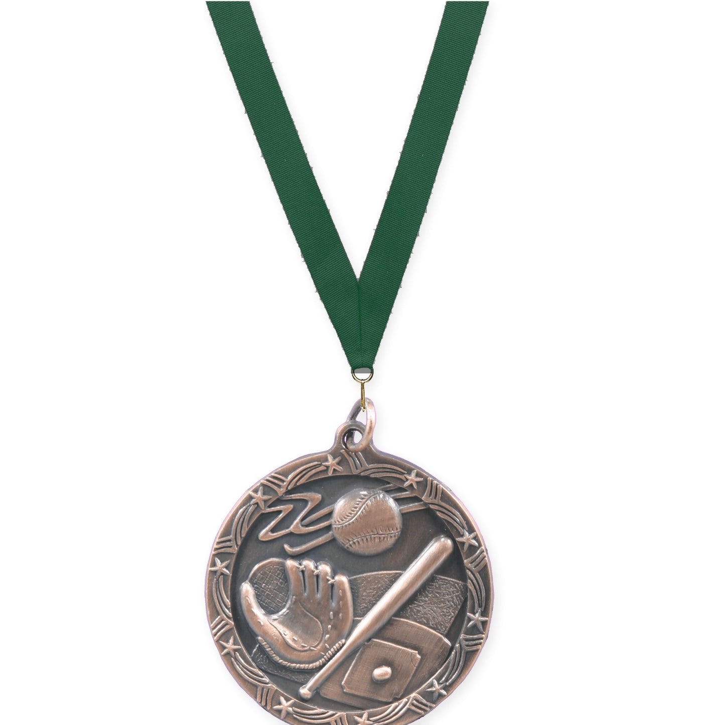 1 3/4 inch baseball and softball Shooting Star medal in antique bronze with Hunter Green neck ribbon