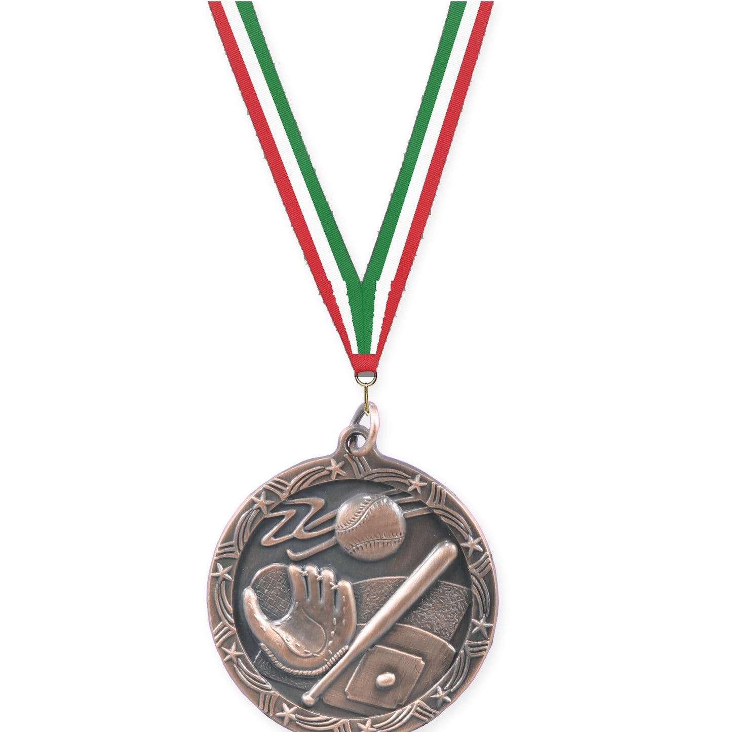 1 3/4 inch baseball and softball Shooting Star medal in antique bronze with Red White Green neck ribbon