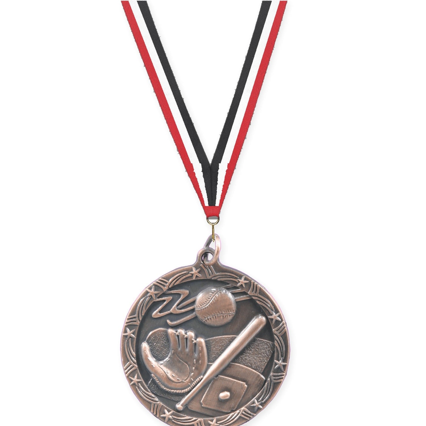 1 3/4 inch baseball and softball Shooting Star medal in antique bronze with Red White Black neck ribbon